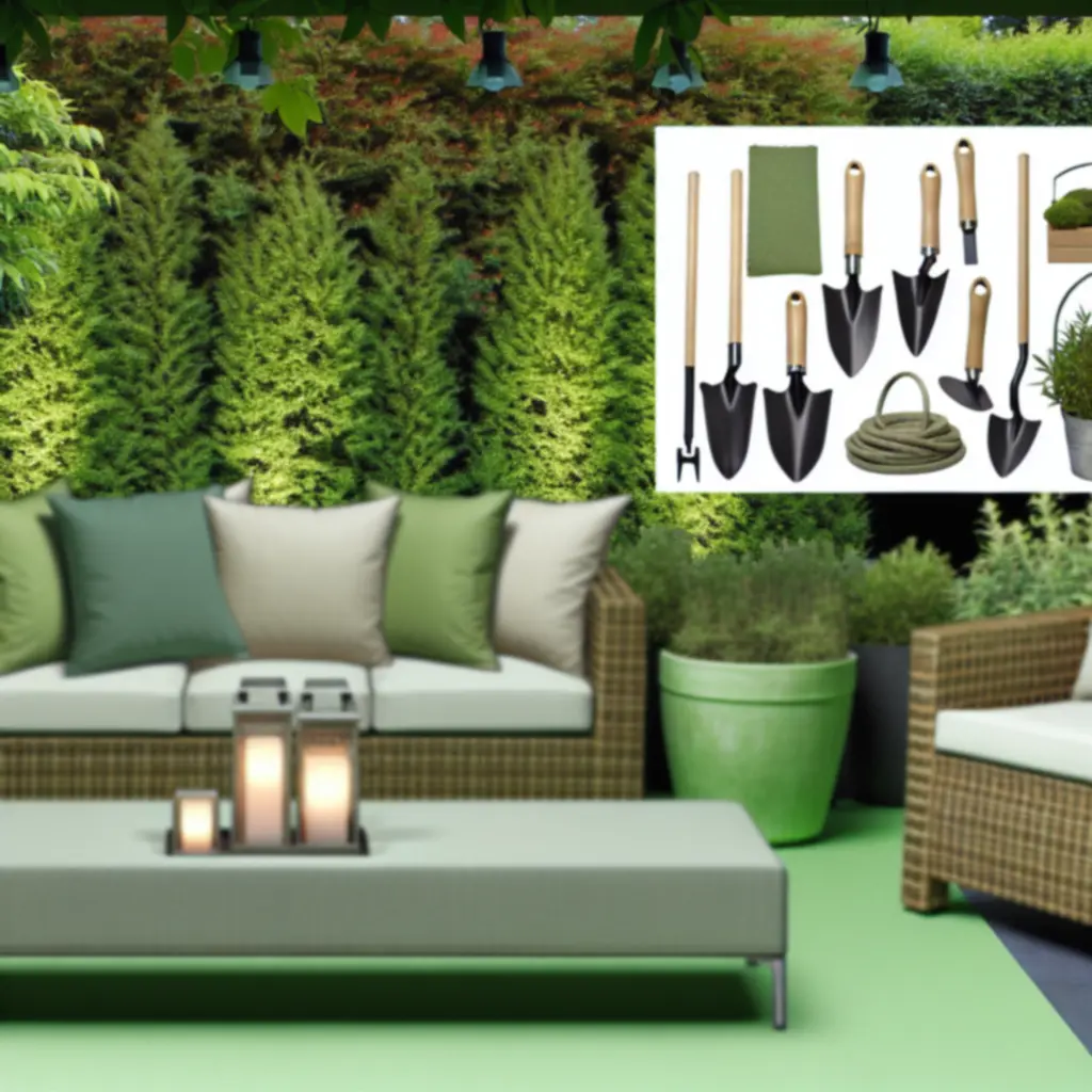 Przegląd produktów: narzędzia ogrodowe, meble zewnętrzne, dekoracje i akcesoria rekreacyjne na tle zieleni