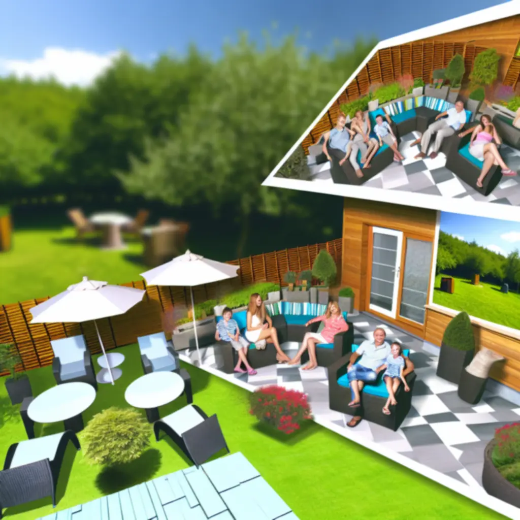 Nowoczesny, zielony ogród przy domu letniskowym z zestawem narzędzi i strefą relaksu