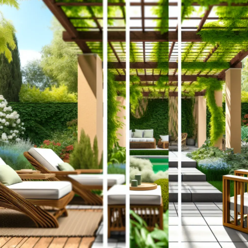 Przytulna strefa relaksu w ogrodzie z wygodnymi meblami wypoczynkowymi i zielenią w tle.