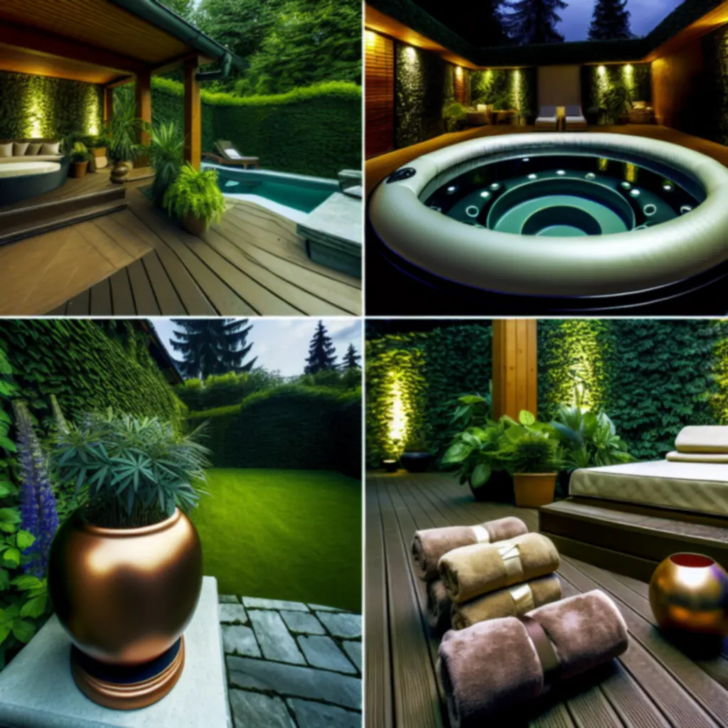 Strefa SPA w ogrodzie z przenośnym jacuzzi i strefą relaksu.