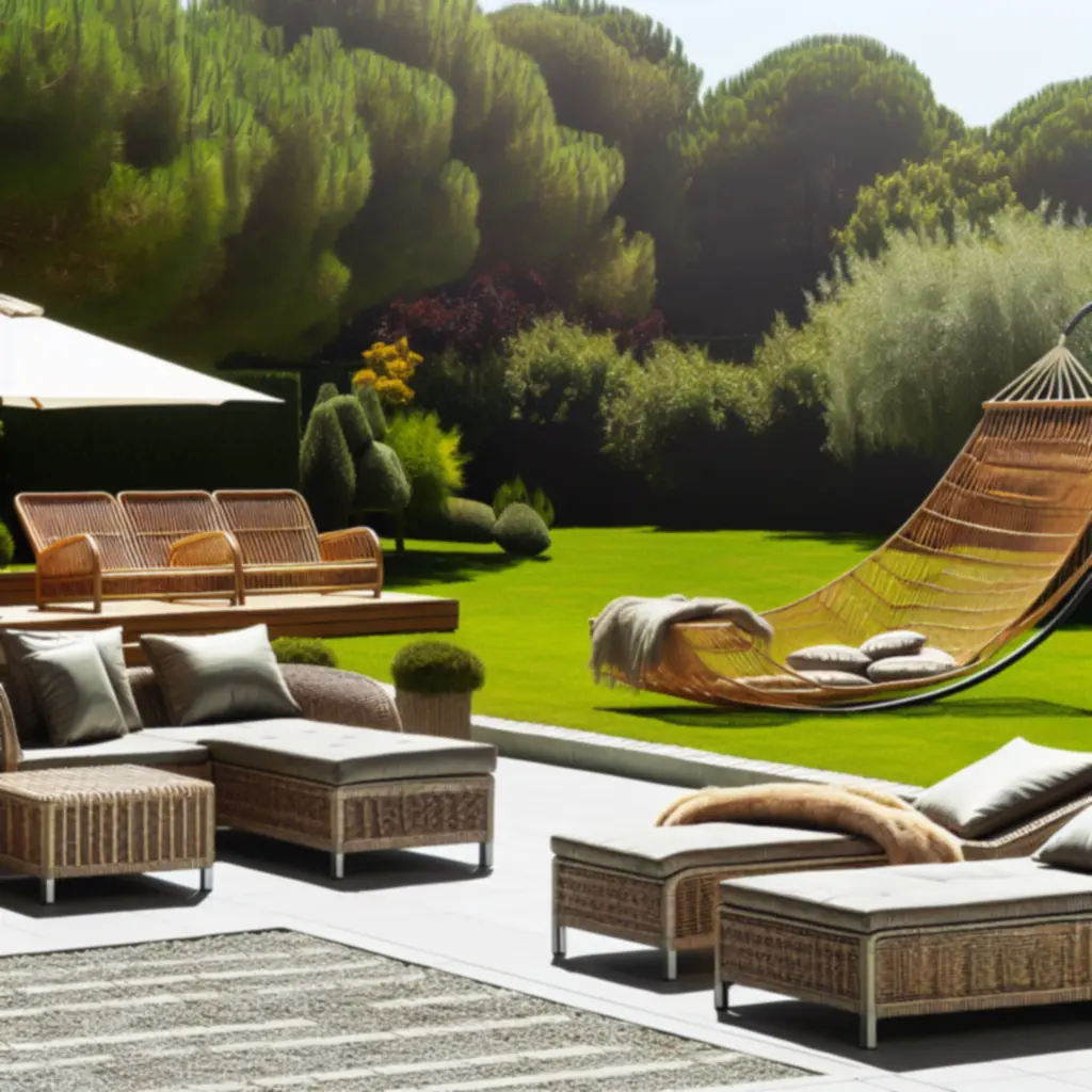Różnorodne meble wypoczynkowe do ogrodu, w tym leżaki, hamaki i zestawy wypoczynkowe.
